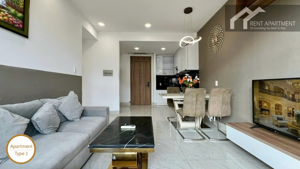 La Rosa 2-Bed open plan living and dining area with modern pendant light and tv