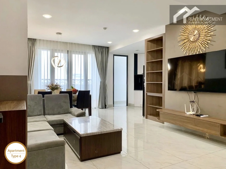La Rosa 3-Bed living room featuring grey sofa marble coffee table and built in shelving