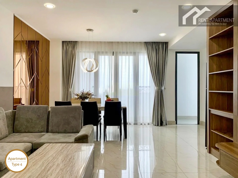 La Rosa 3-Bed living space overview looking towards dining area and balcony curtains