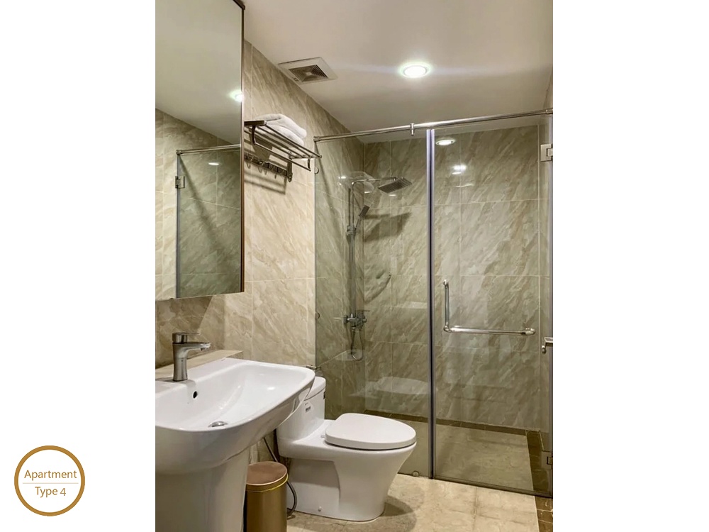 La Rosa 3-Bed modern bathroom with vanity sink mirror and glass walk-in shower