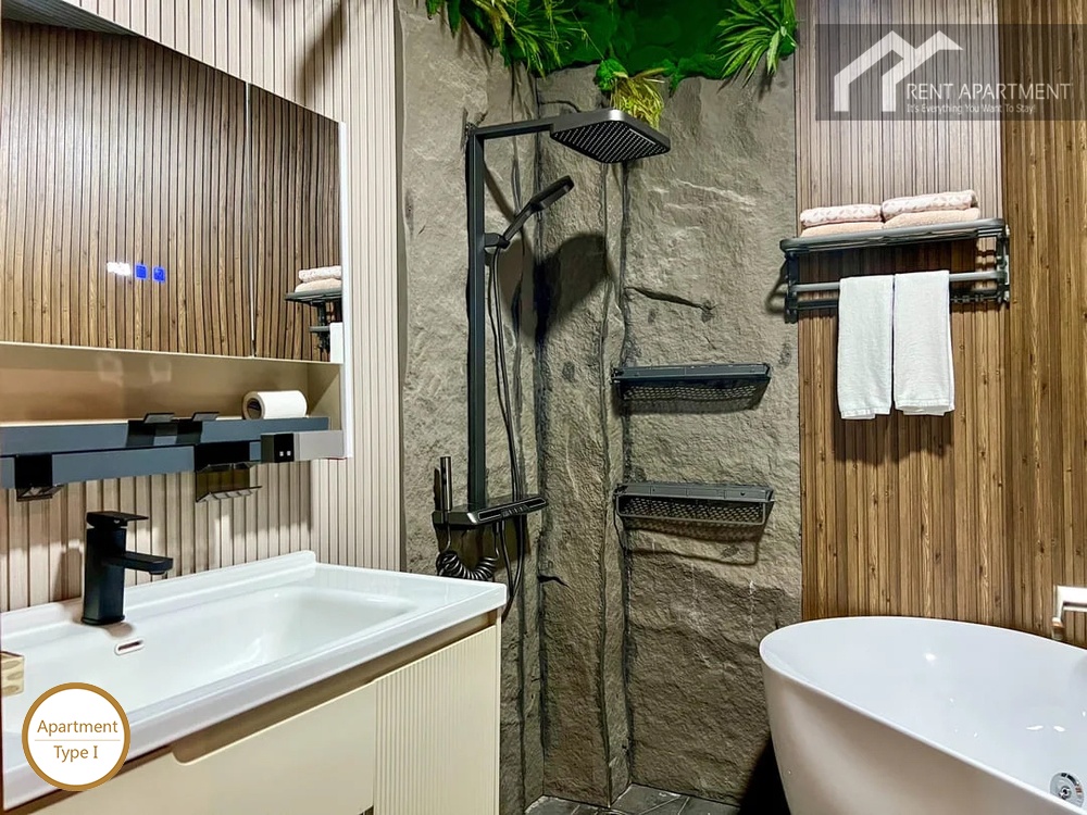 La Rosa Studio modern bathroom with vanity sink mirror walk-in shower and soaking tub
