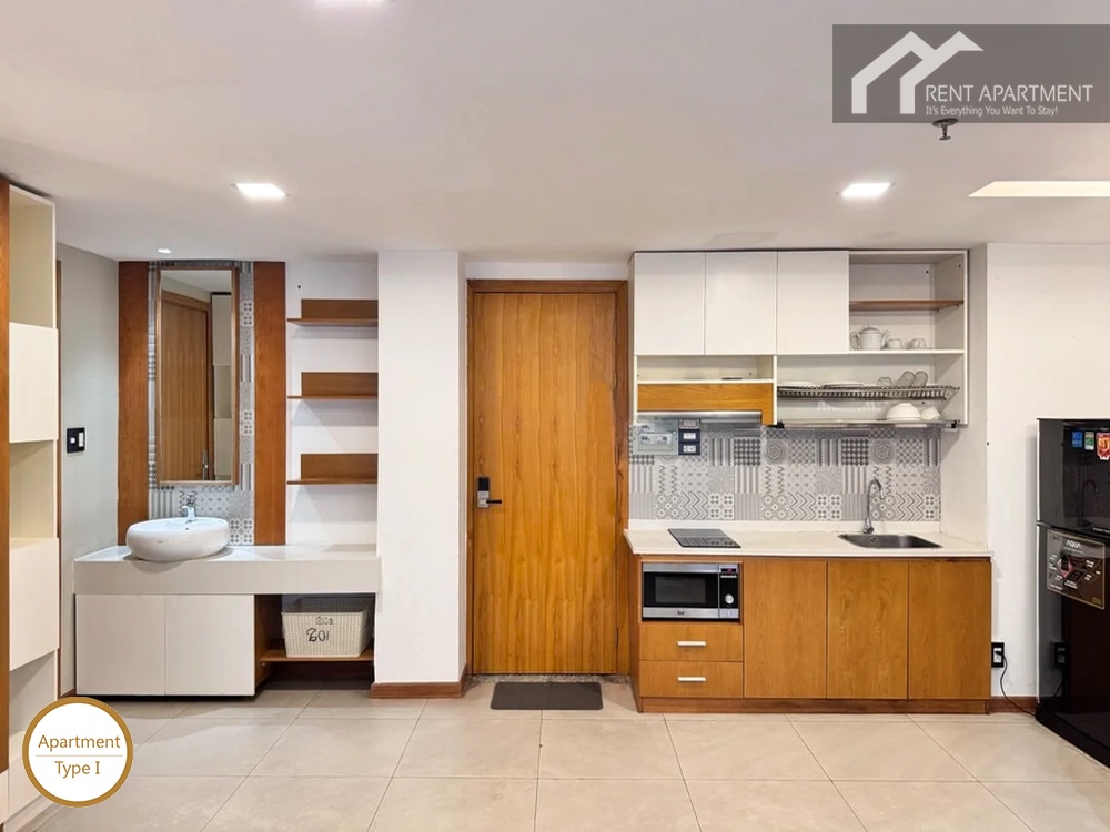 ID 2024 type 1 modern kitchen counter with sink microwave and vanity area