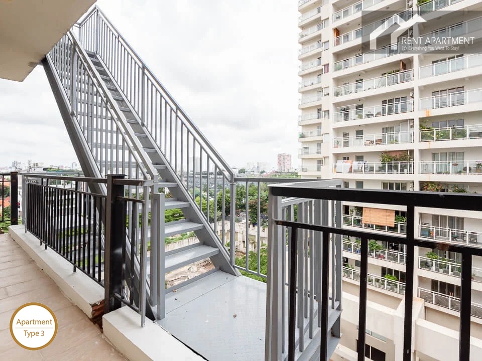 ID 2030 type 3 balcony corridor with external metal staircase leading to rooftop