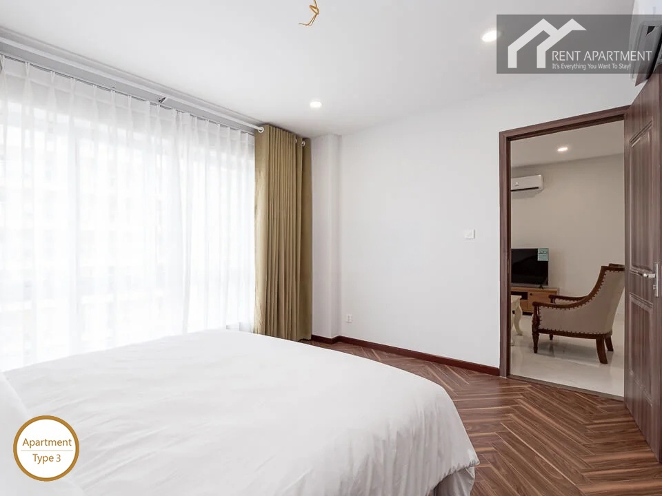 ID 2030 type 3 master bedroom view towards large window curtains and living room doorway