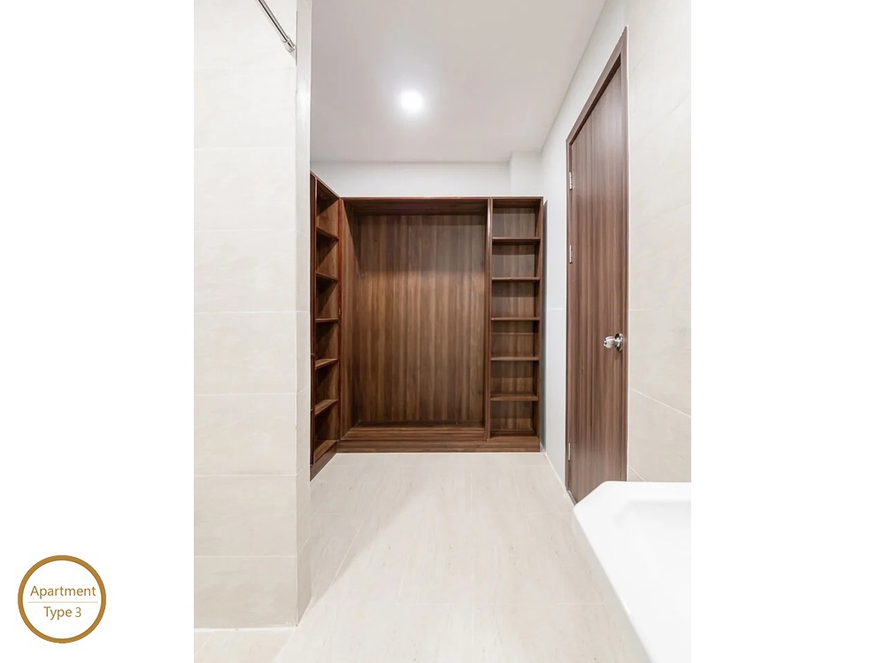 ID 2030 type 3 walk-in closet with dark wood open wardrobe shelves and bathroom entrance