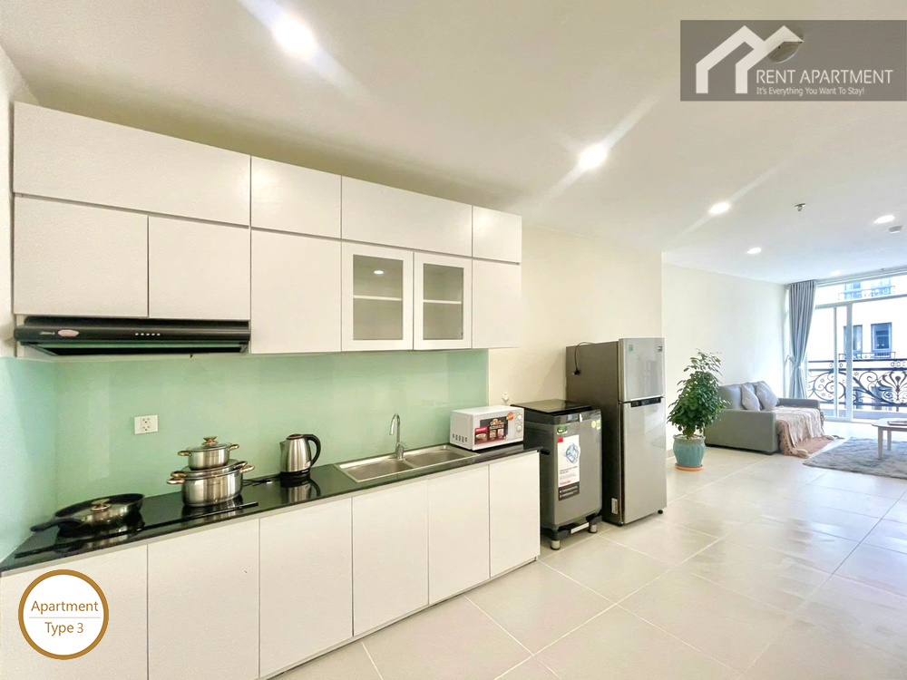ID 2031 type 3 modern linear kitchen with white cabinets appliances and refrigerator