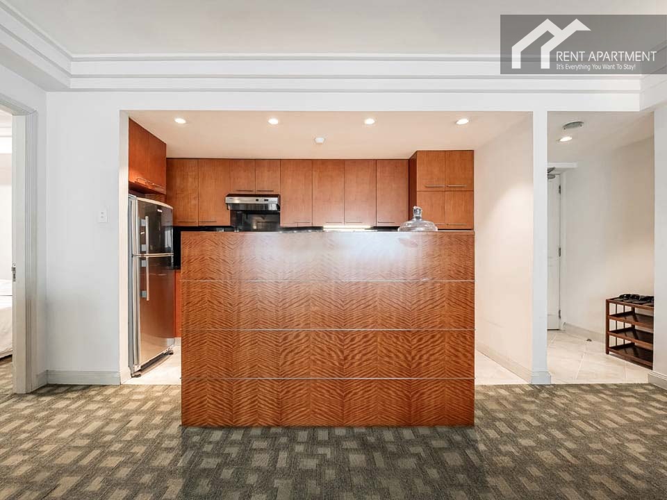 ID 2054 open kitchen bar counter partition with wooden cabinets and refrigerator
