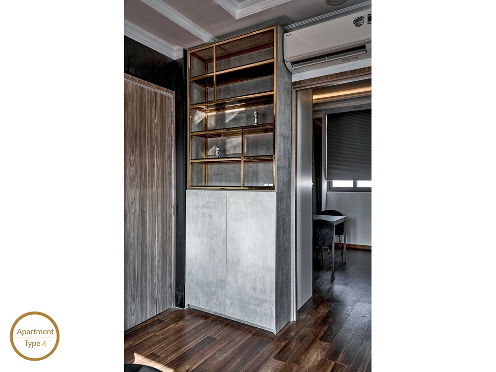 ID 2153 type 4 custom concrete display cabinet with brass shelves leading to dining room