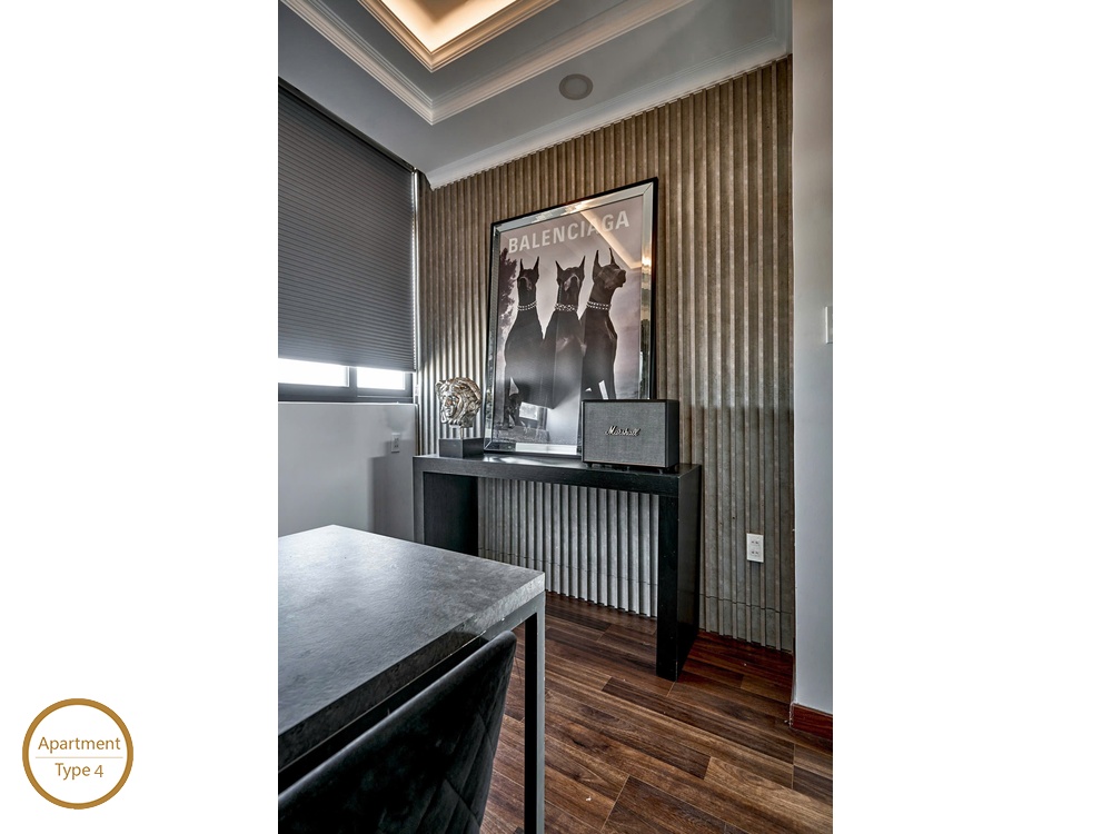 ID 2153 type 4 decorative console table against fluted accent wall with framed art and speaker