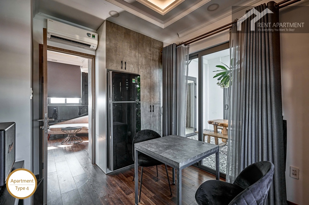 ID 2153 type 4 dining area with stone table velvet chairs and sliding door to outdoor terrace