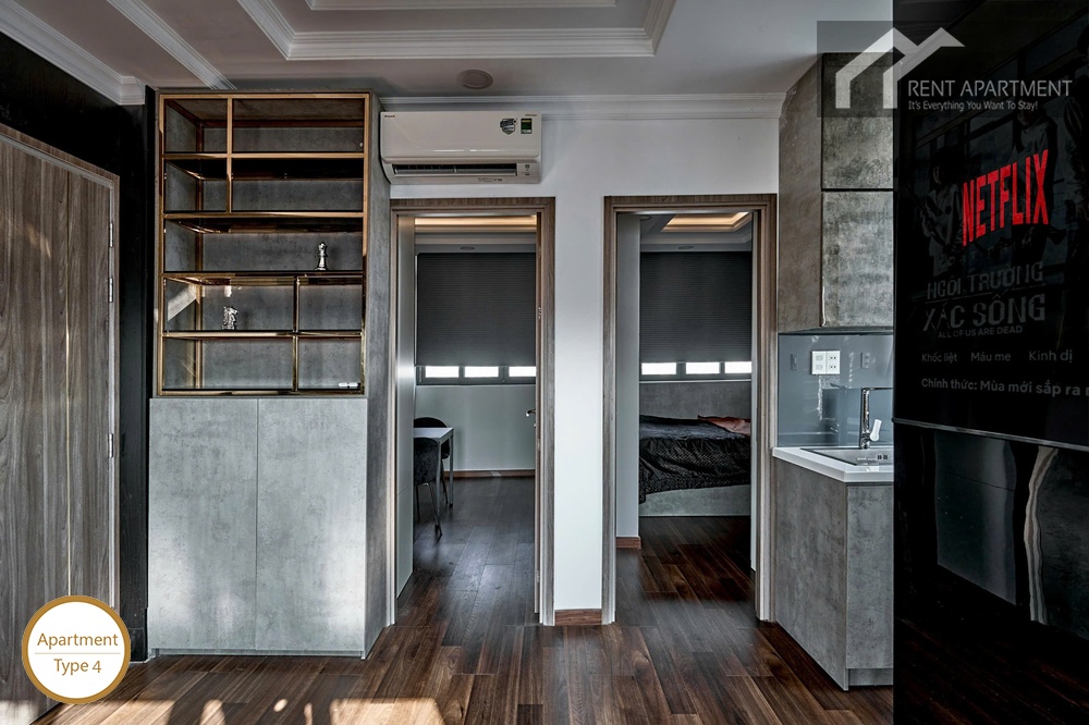 ID 2153 type 4 hallway view with display shelving unit kitchen counter and bedroom doorways