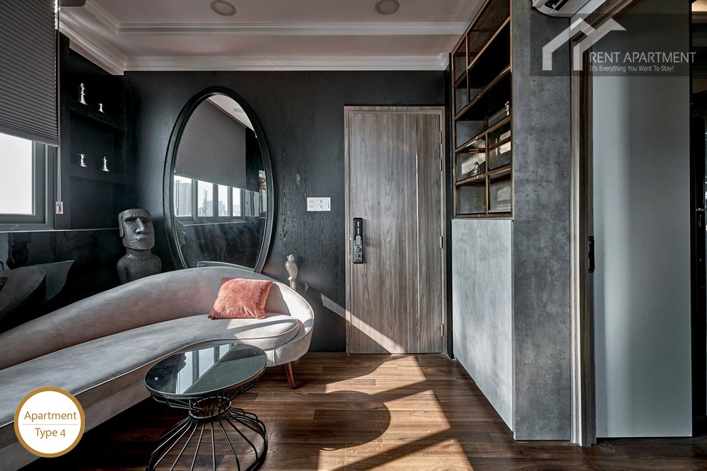 ID 2153 type 4 living room lounge featuring curved sofa arched mirror and wooden entry door