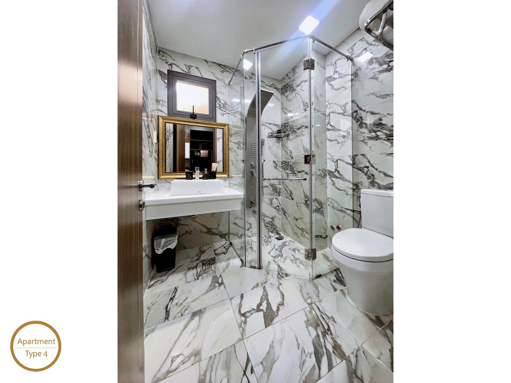 ID 2153 type 4 luxury marble bathroom with glass corner shower floating vanity and toilet