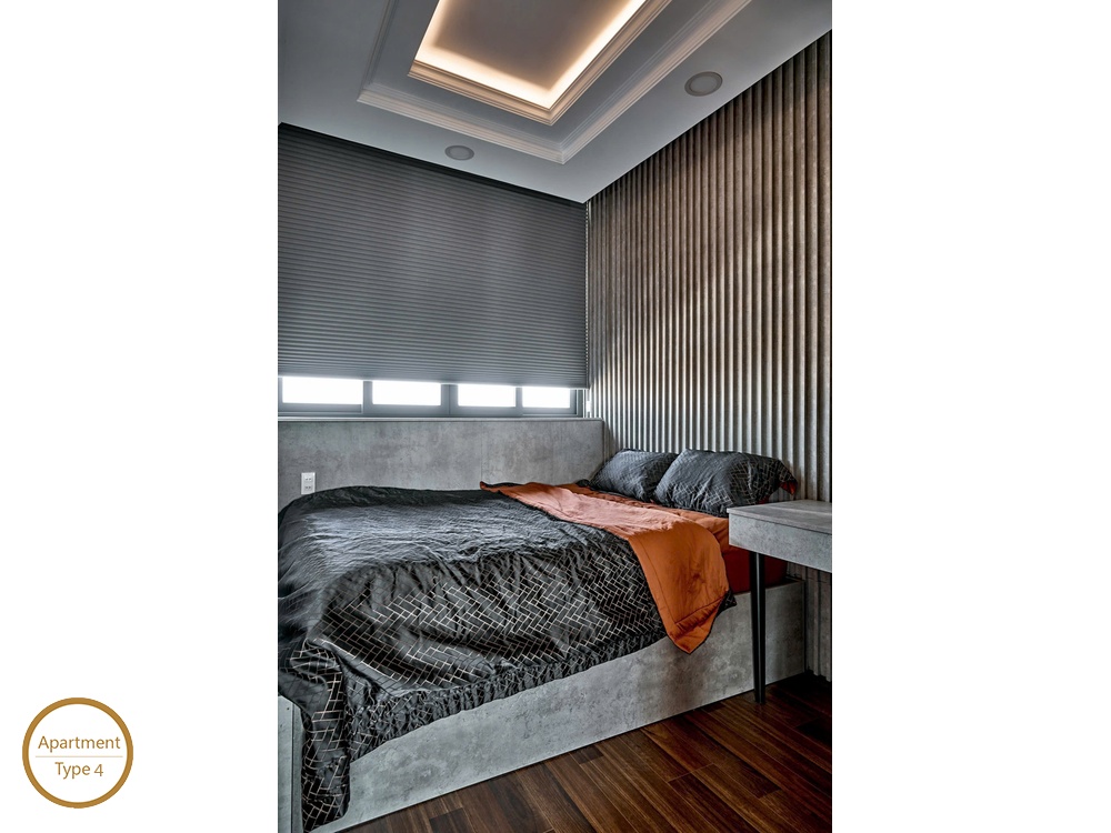 ID 2153 type 4 modern bedroom with concrete platform bed fluted wall panel and window blinds