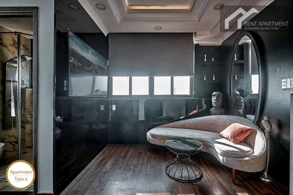 ID 2153 type 4 stylish living space with curved sofa oval floor mirror and bathroom access