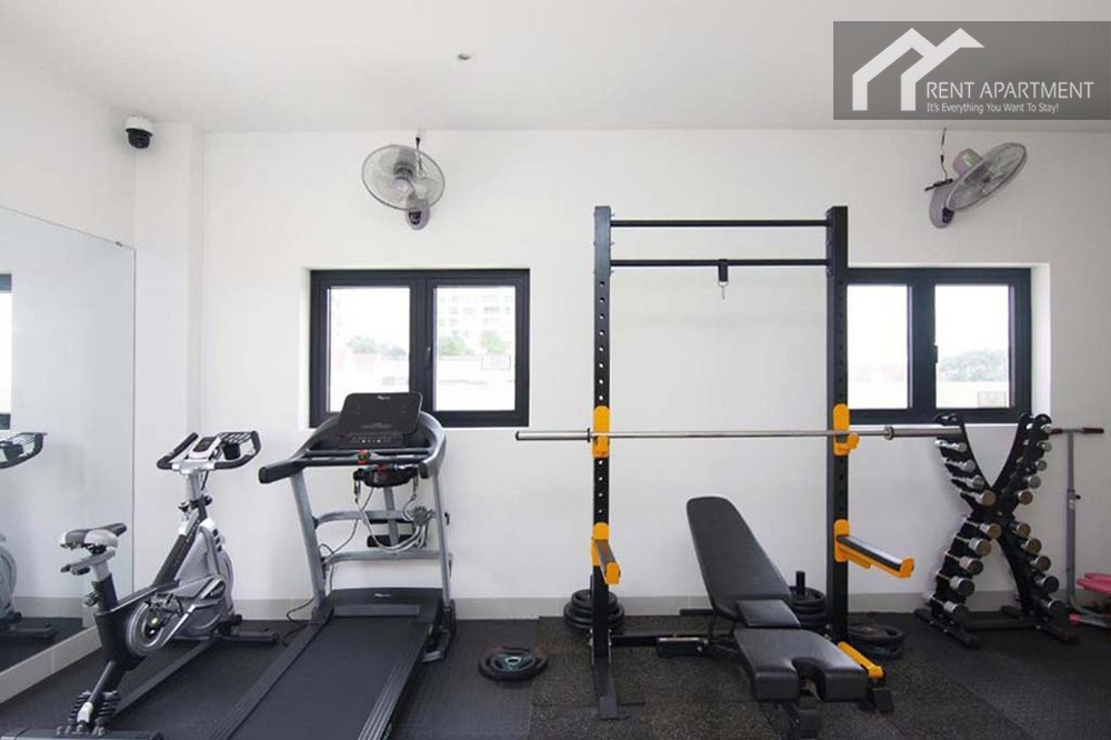 ID 2166 fitness gym room with treadmill stationary bike and weight lifting rack
