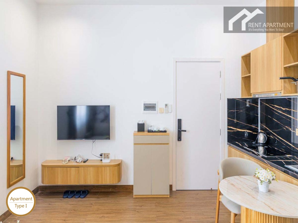 ID 2166 type 1 apartment entrance hallway with floating tv console shoe cabinet and kitchen counter