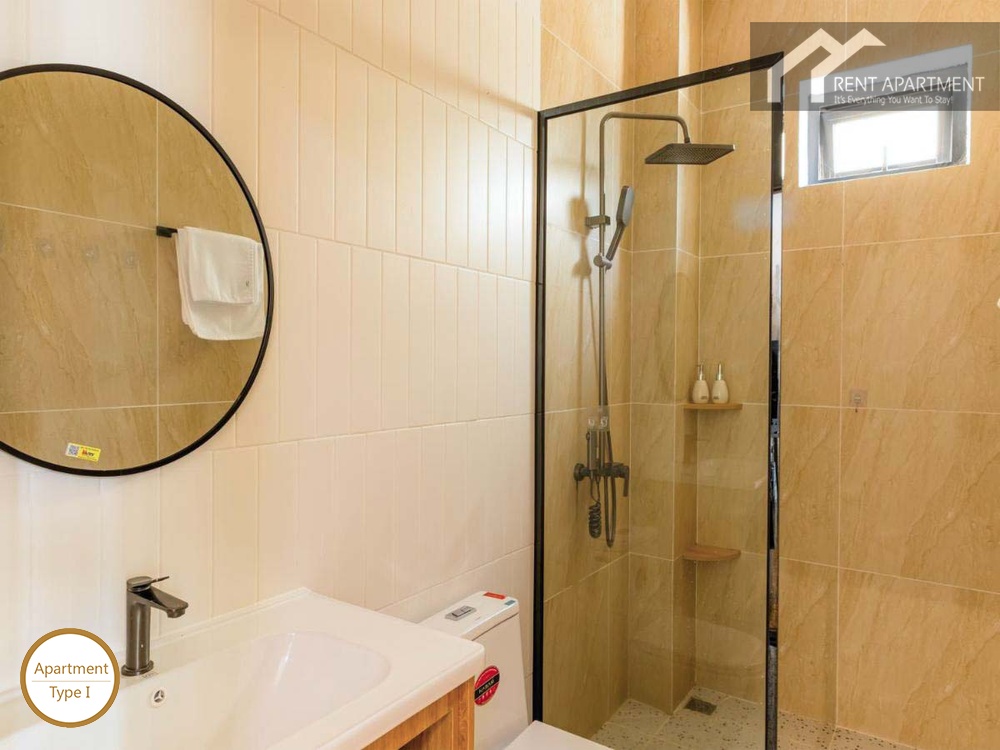 ID 2166 type 1 modern bathroom with round illuminated mirror vanity sink and glass shower booth