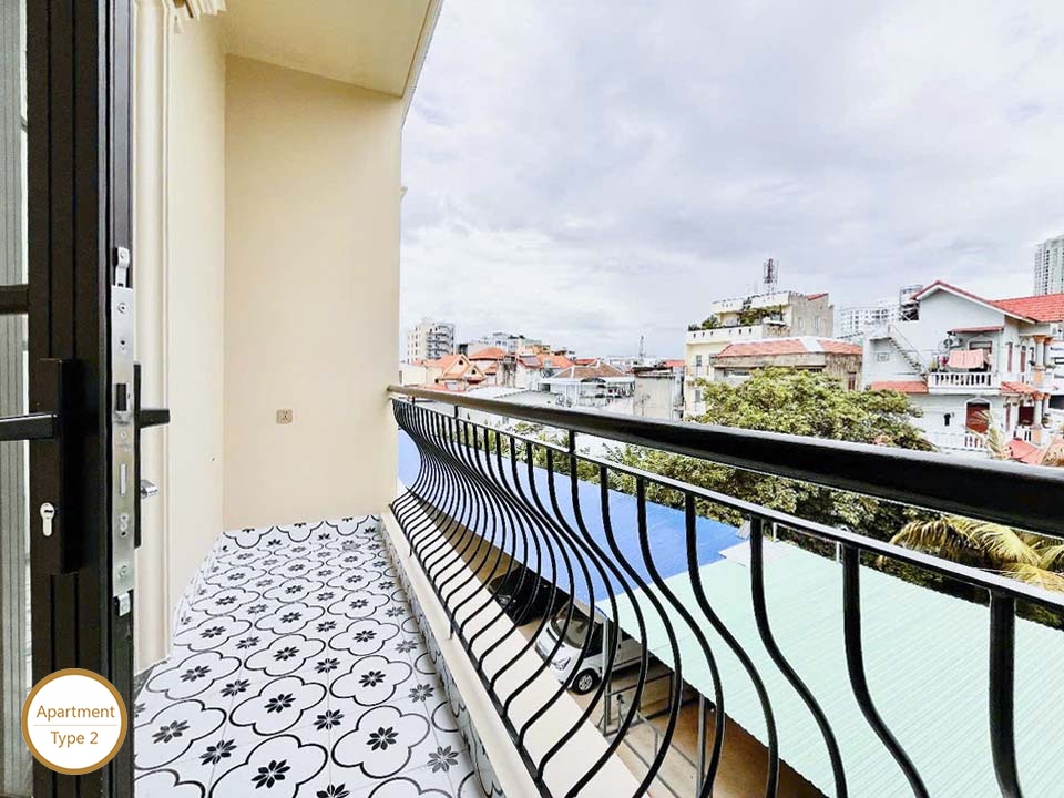 ID 2166 type 2 spacious balcony with decorative tiled floor railing and city view