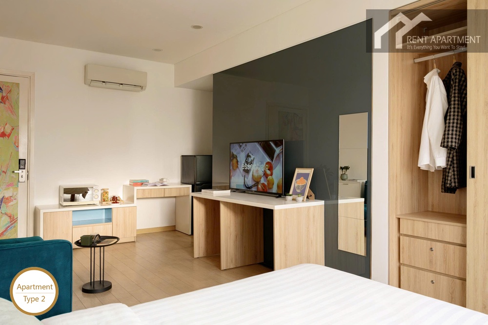 ID 2219 type 2 studio view facing tv desk kitchenette and wardrobe