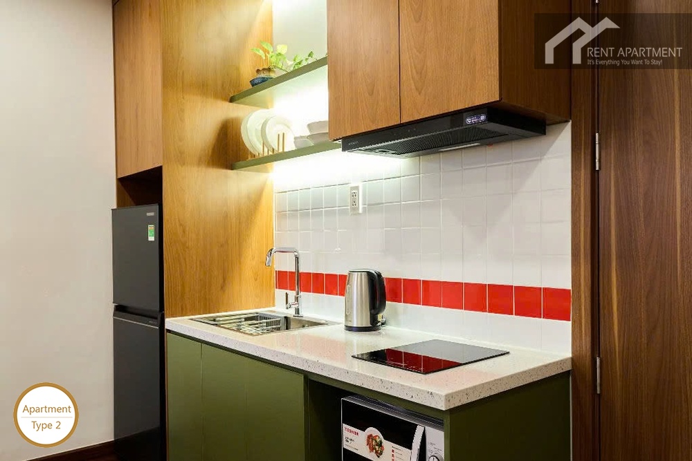 ID 2224 1br modern kitchenette with olive cabinets and red tile backsplash
