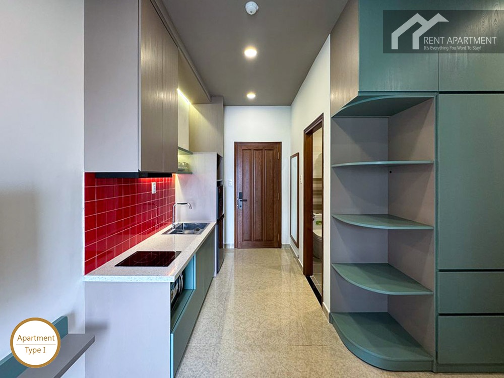 ID 2224 studio entrance hallway with red tile backsplash kitchenette