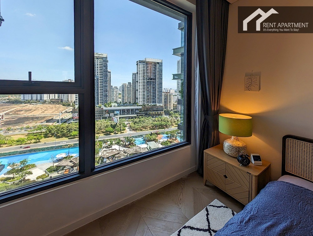 ID 2225 bedroom window view of swimming pool and city skyline
