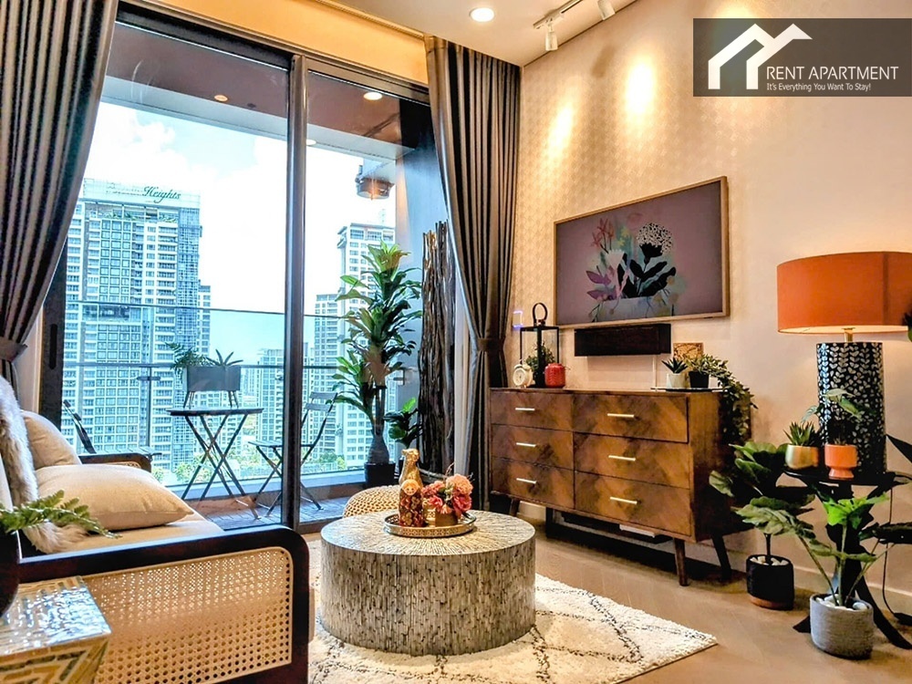 ID 2225 stylish living room with wooden credenza frame TV and balcony