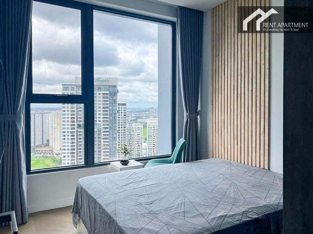 ID 2228 bedroom with grey geometric bedsheets and city view window