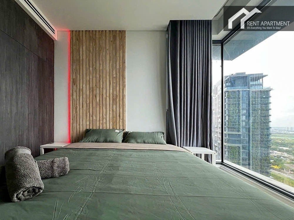 ID 2228 modern bedroom with green bedding and led backlit wooden headboard