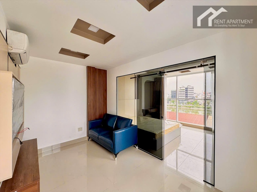 ID 2230 modern living room with blue sofa glass partition and river view