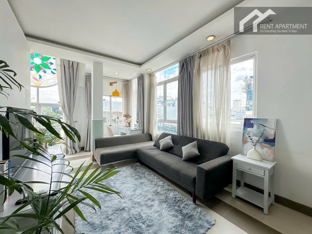 ID 2231 living room with large windows dark sofa and blue rug