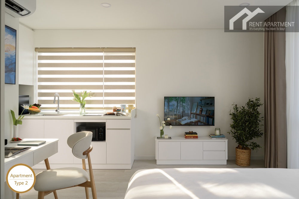 ID 2235 studio kitchenette and tv console area