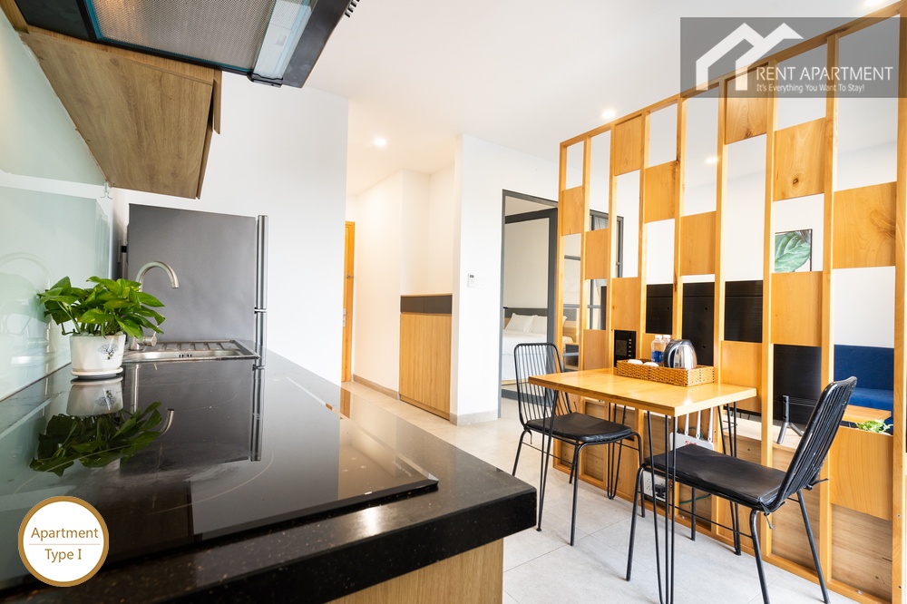 ID 2240 type 1 kitchen counter with induction cooktop and wooden room divider