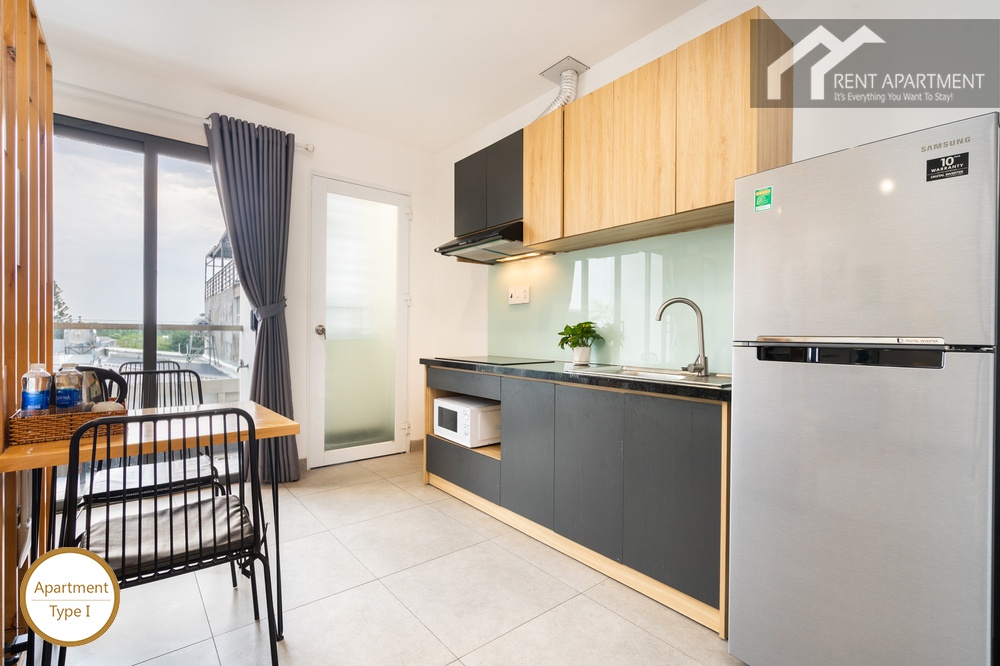 ID 2240 type 1 kitchen with modern cabinets fridge and dining table