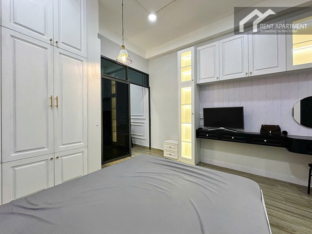 ID 2242 bedroom overview with bed wardrobe tv console and vanity