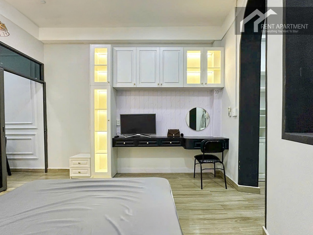 ID 2242 bedroom vanity desk with round mirror and lighted wall cabinets