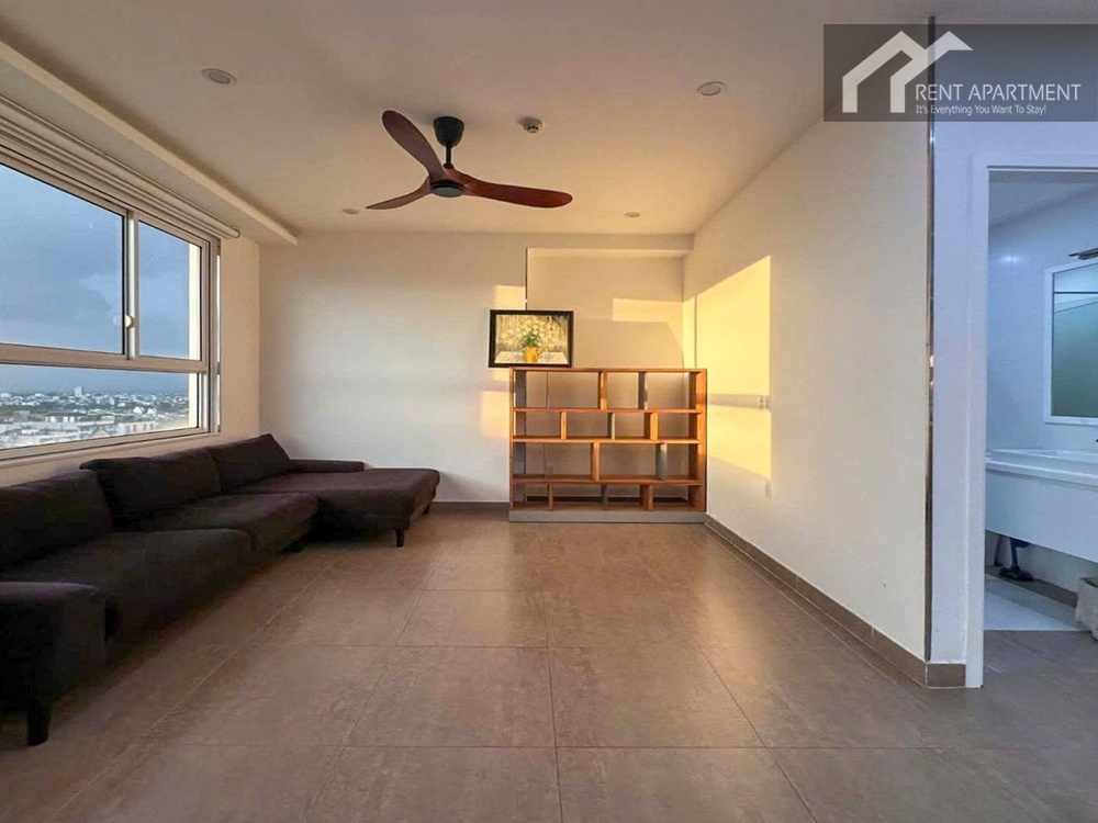 ID 2244 living room seating area with dark sofa ceiling fan and wooden shelf