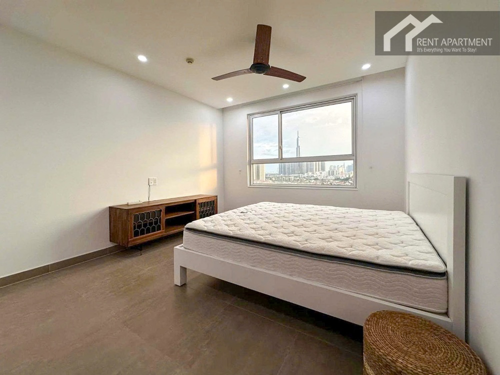 ID 2244 master bedroom with double bed ceiling fan and city view window