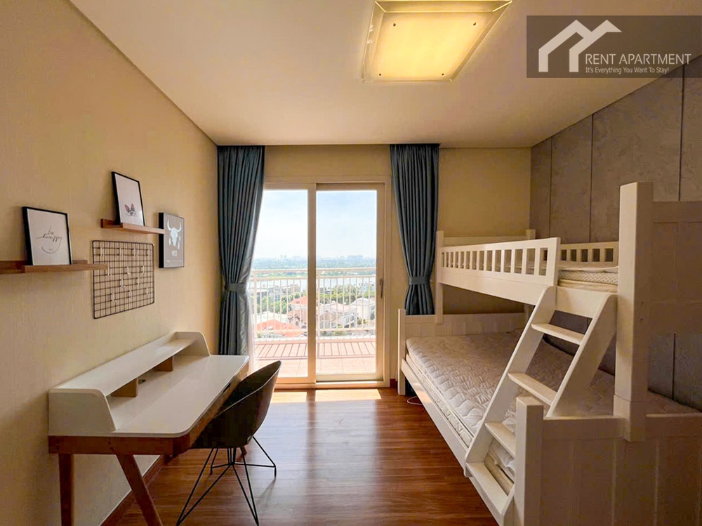 ID 2245 bedroom with wooden bunk bed study desk and balcony