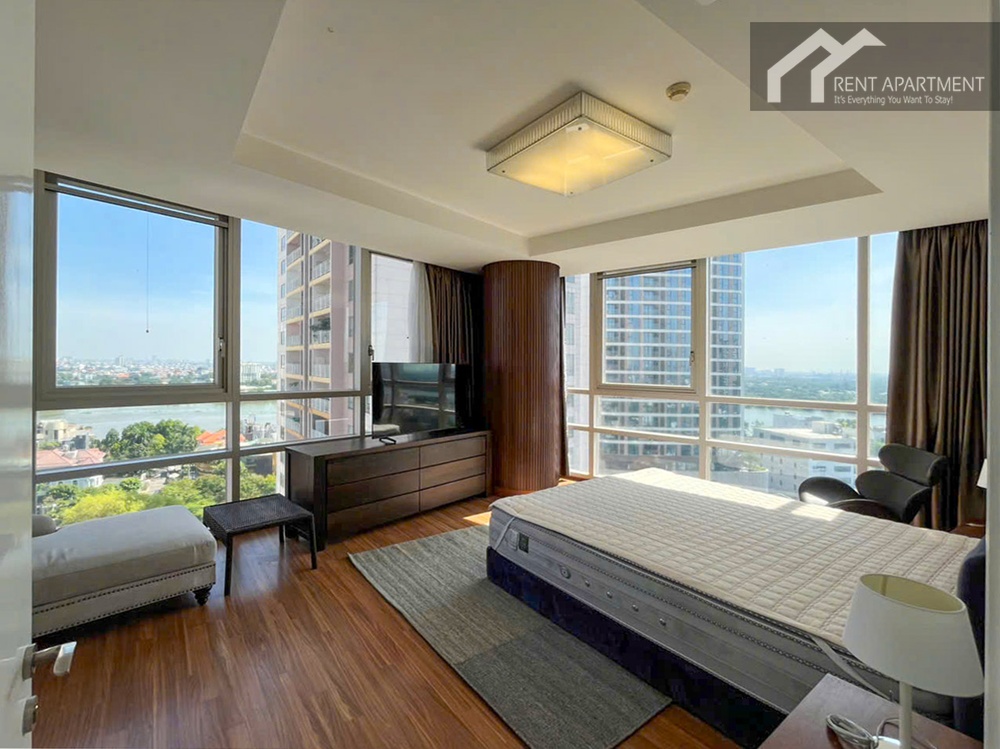 ID 2245 master bedroom with panoramic river view glass windows and tv console