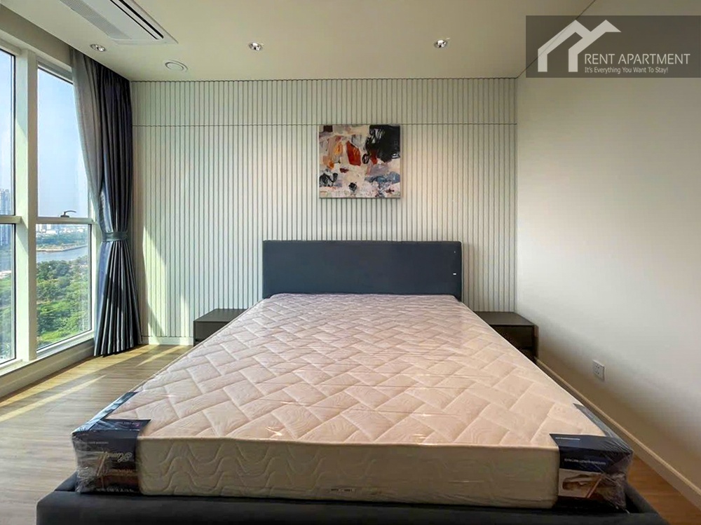 ID 2252 master bedroom with modern slatted headboard wall and river view