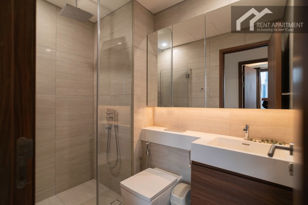 ID 2256 modern guest bathroom with glass shower rain showerhead and vanity mirror