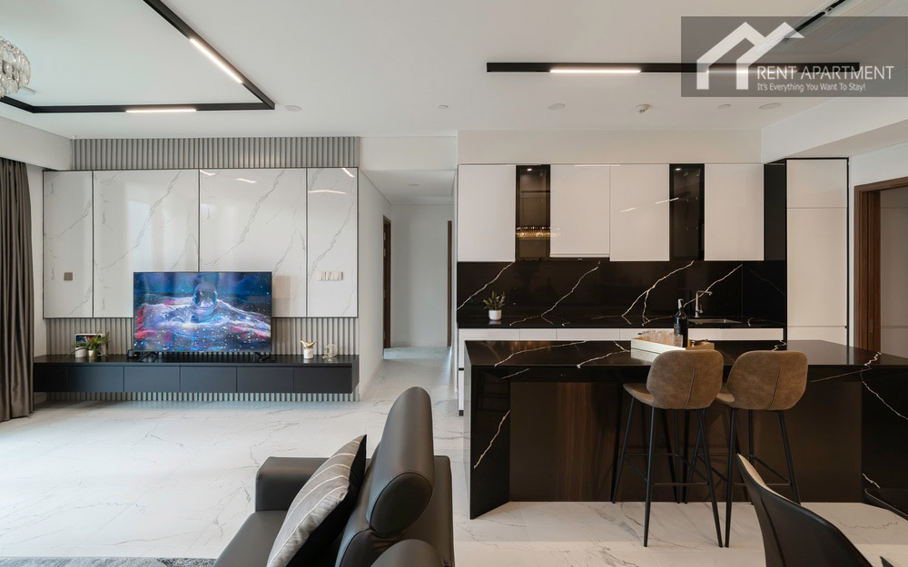 ID 2256 modern kitchen with island breakfast bar and marble tv wall