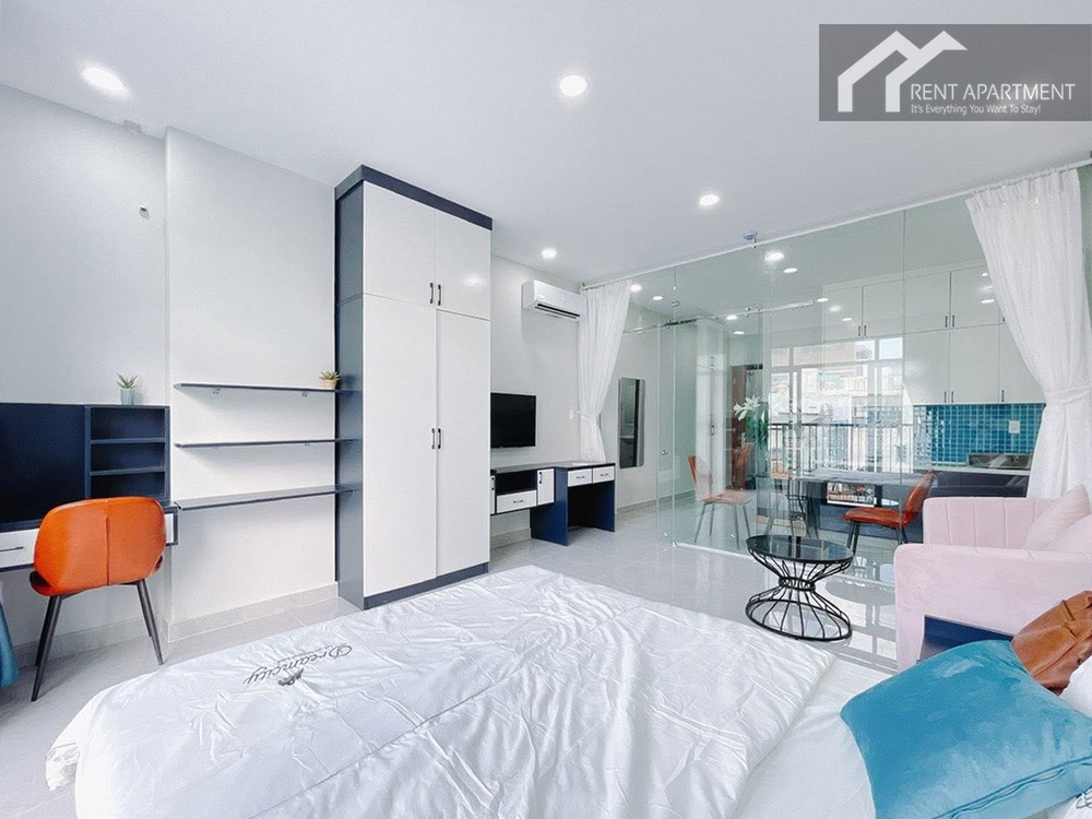 ID 2257 studio layout with bed wardrobe and glass enclosed kitchen