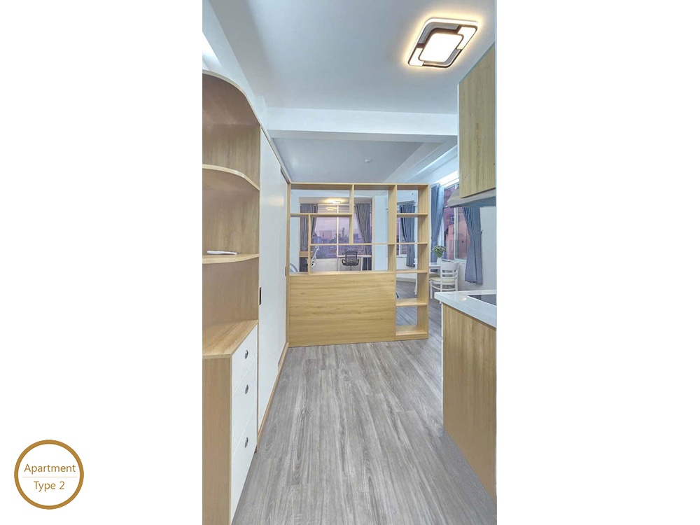ID 2218 type 2 wooden shelf partition separating kitchen and studio living area