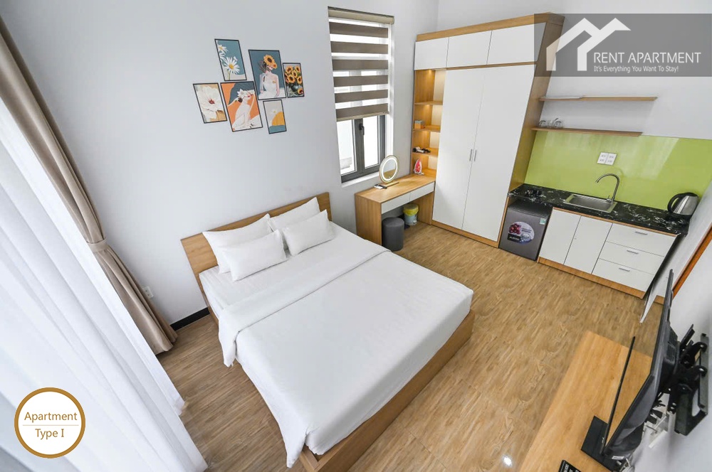 ID 2223 type 1 high angle studio apartment overview showing bed desk and kitchenette