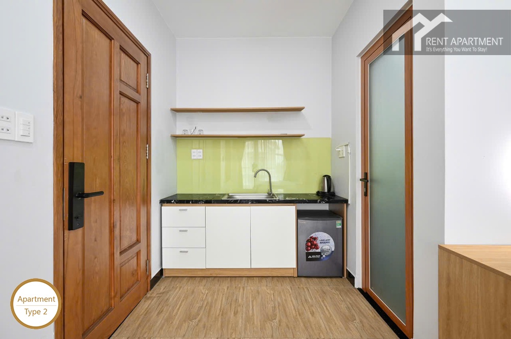 ID 2223 type 2 modern kitchenette counter with sink mini fridge and wall shelves