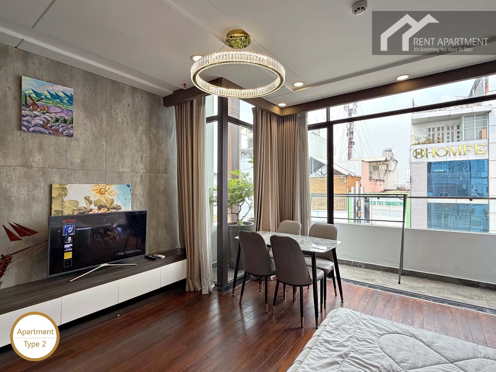 ID 2262 type 2 dining area with modern table chairs and tv console by large windows
