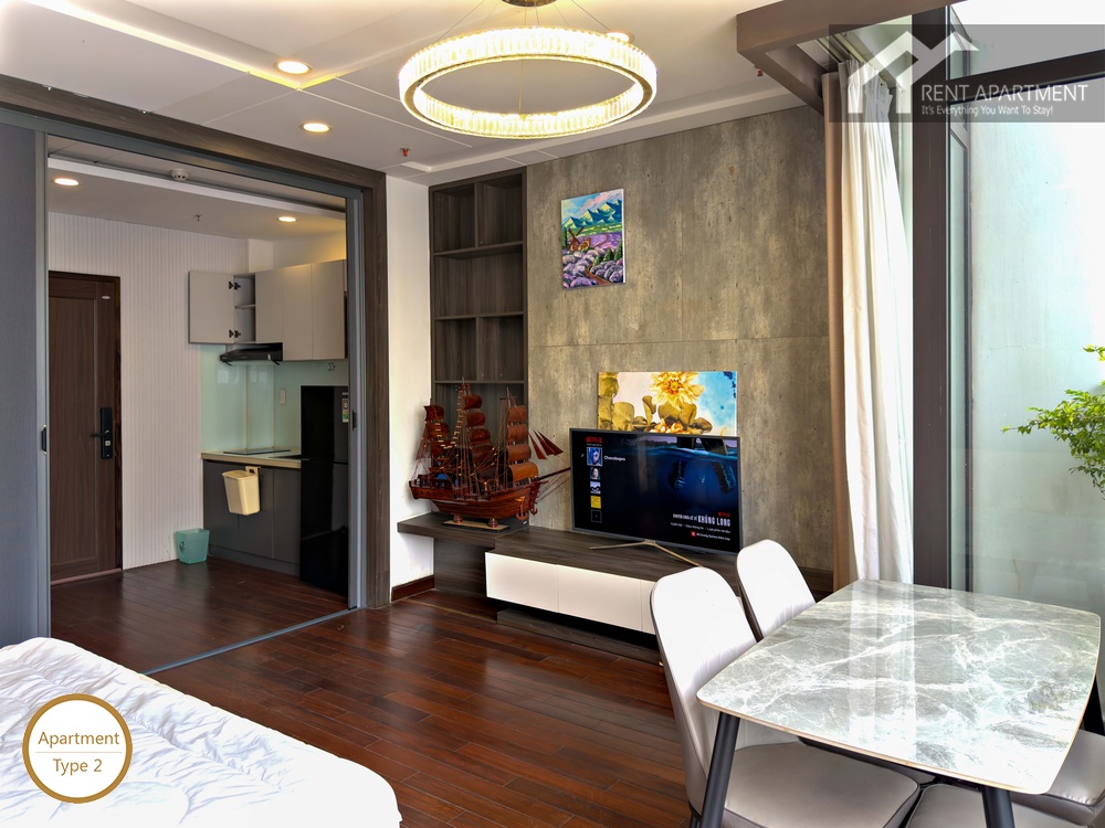 ID 2262 type 2 modern interior showing dining table tv console and kitchen entrance